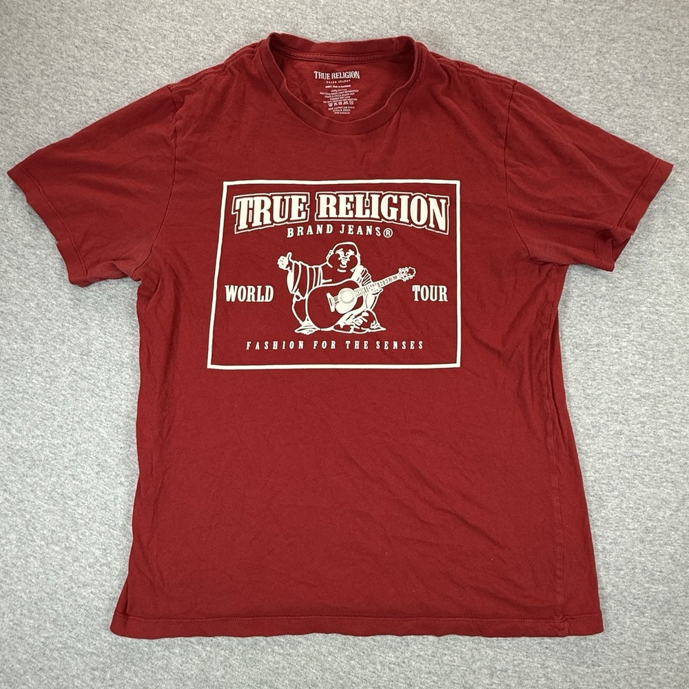 True Religion Shirt Mens Large Red World Tour Buddh Tee California Style 108205